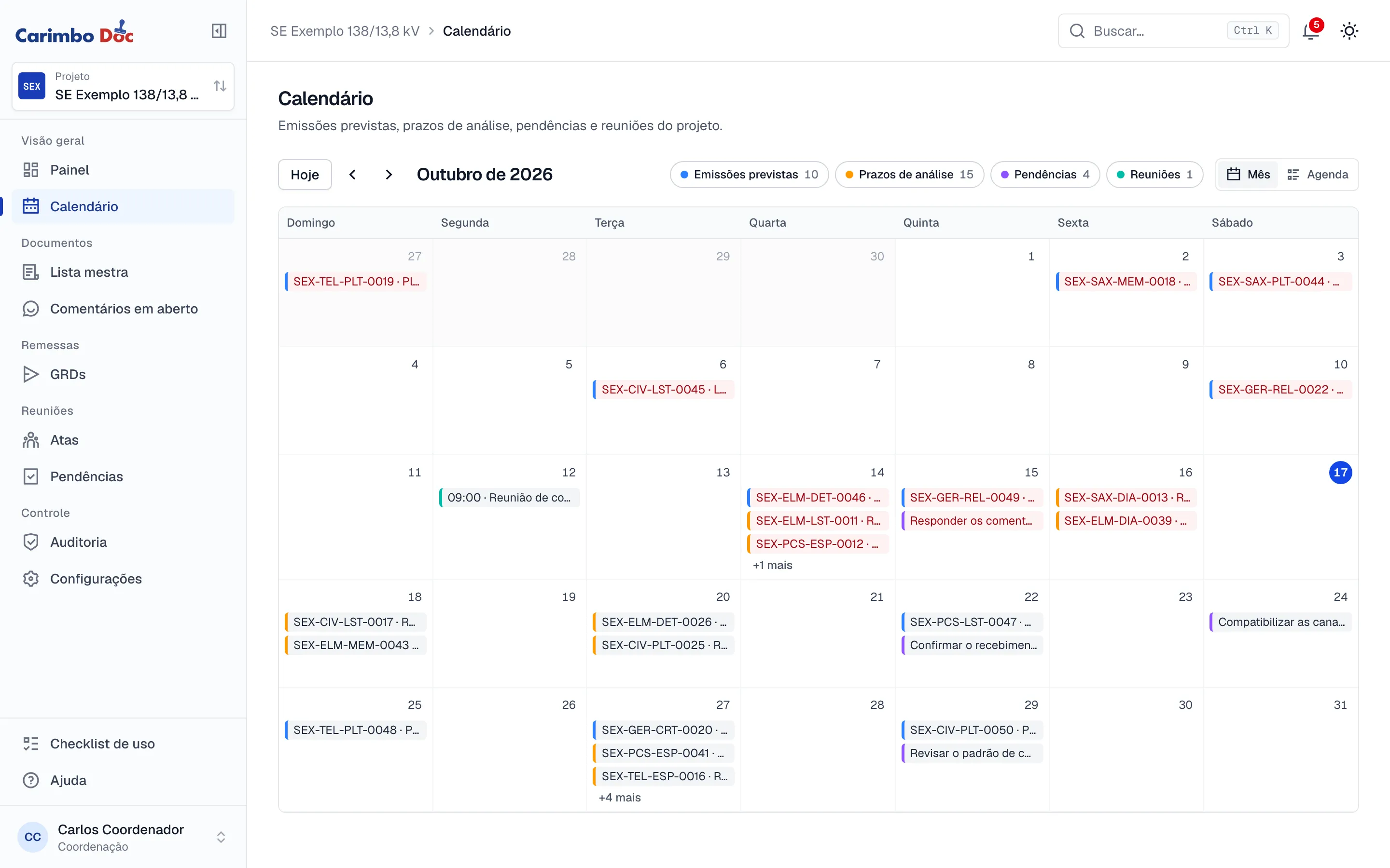 Calendário do projeto com emissões previstas, prazos de análise, pendências e reuniões