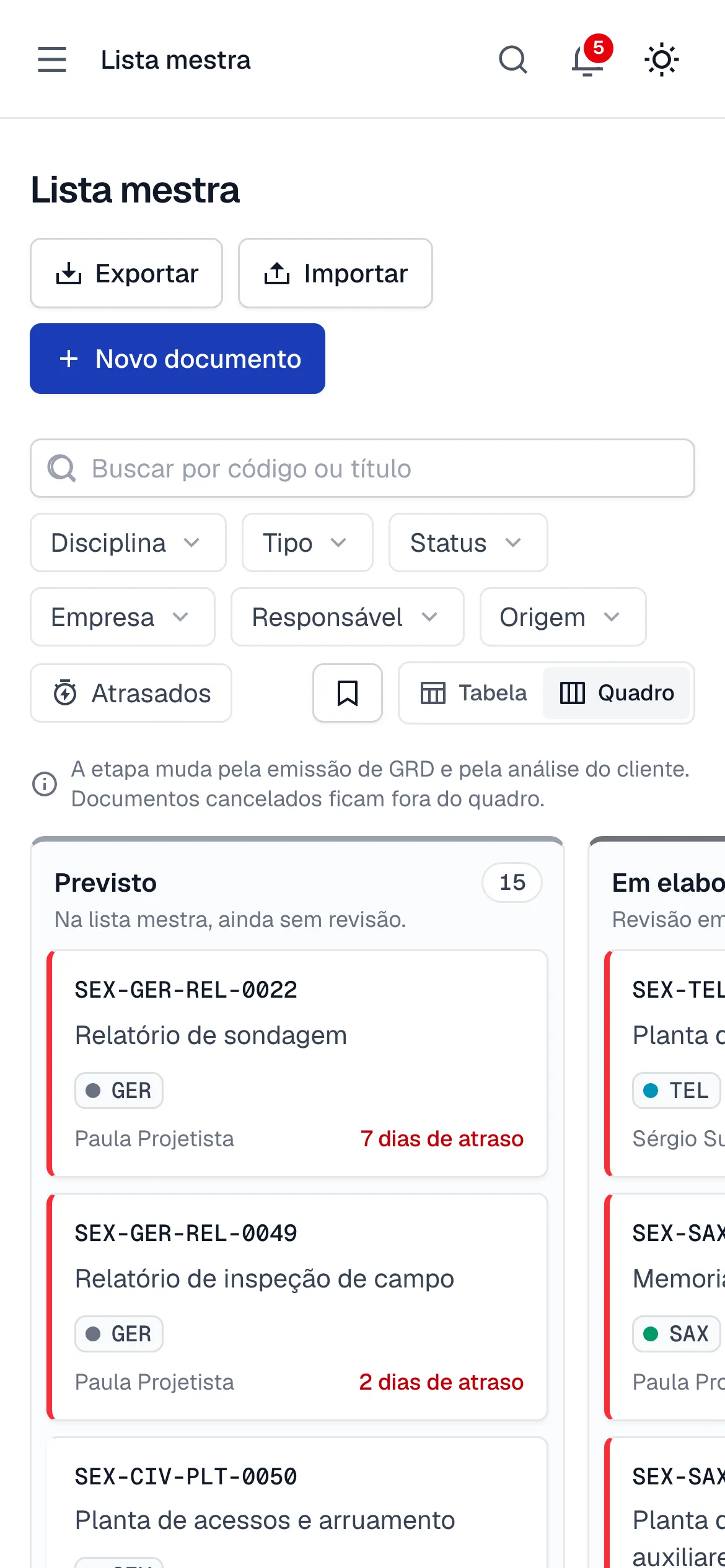 Lista mestra em quadro no celular, com os documentos por etapa